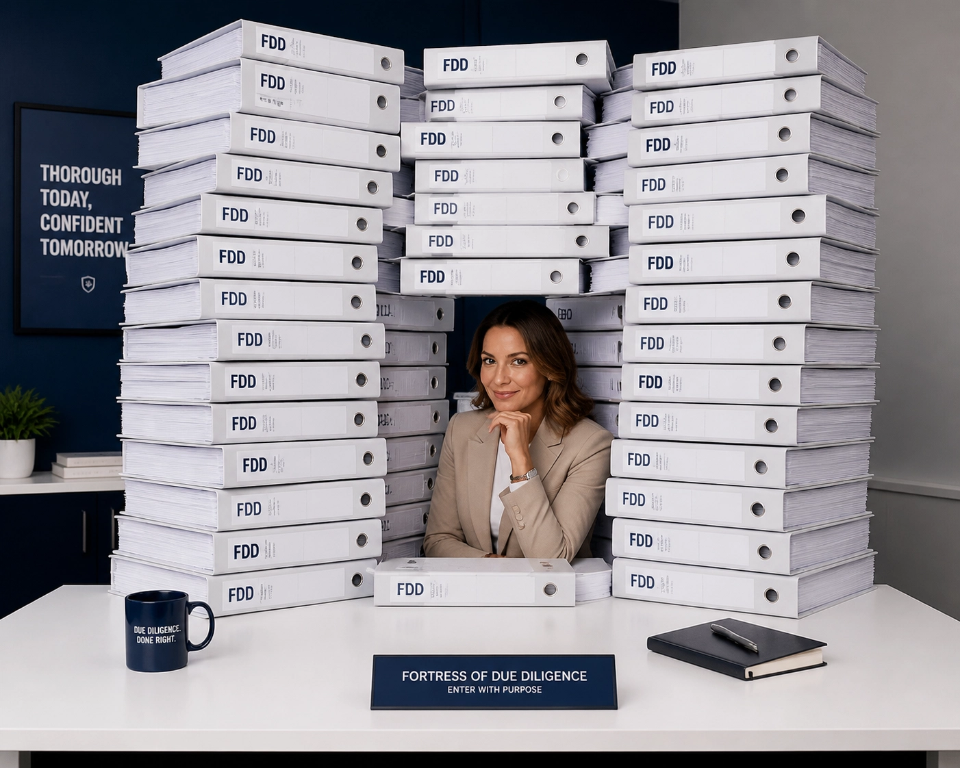Professional woman surrounded by binders showing the legal fortress needed for franchise development services.