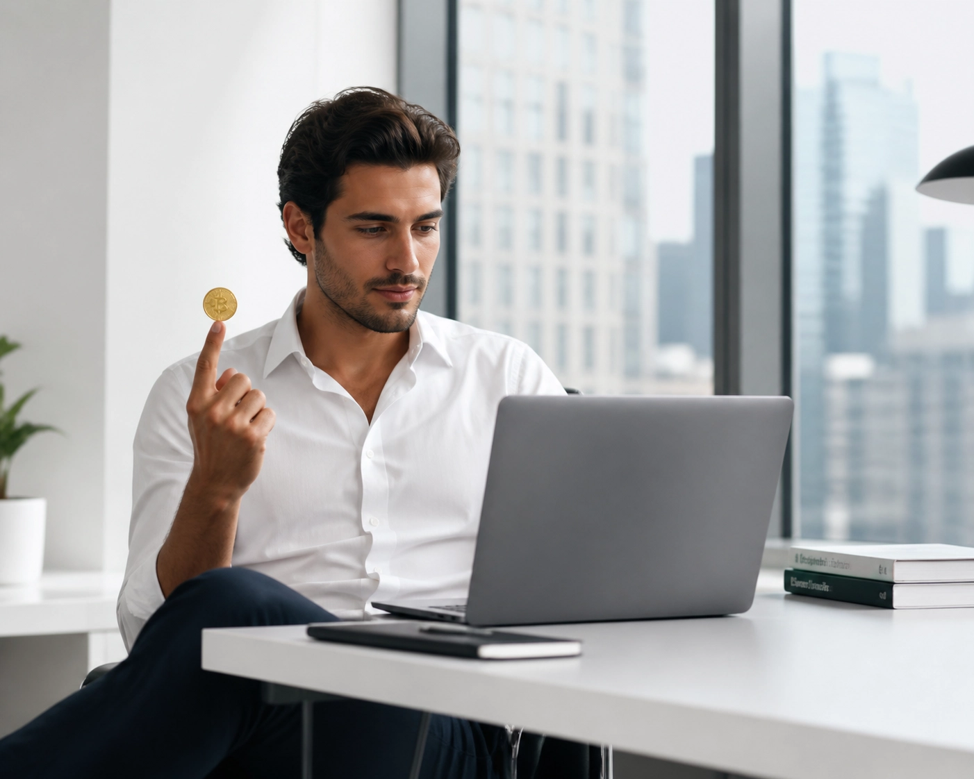 Founder balancing a coin while looking at business financials for franchise development services.