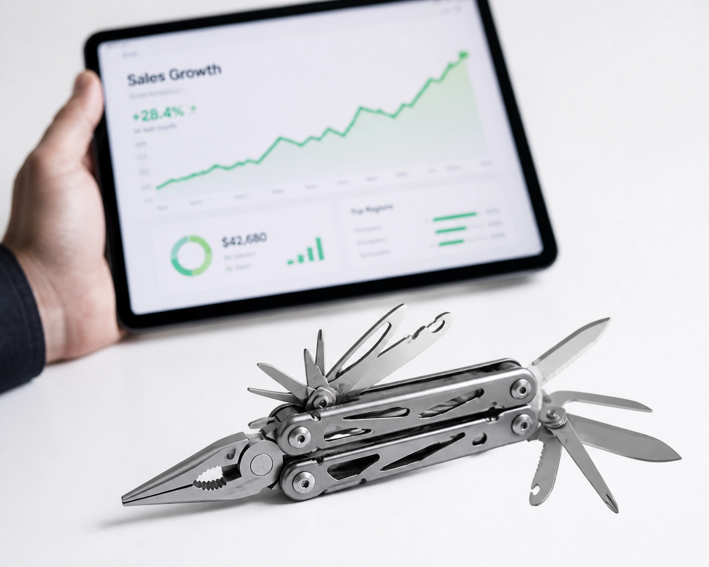 All-in-one efficiency of franchise sales outsourcing shown through a multi-tool and growth chart.