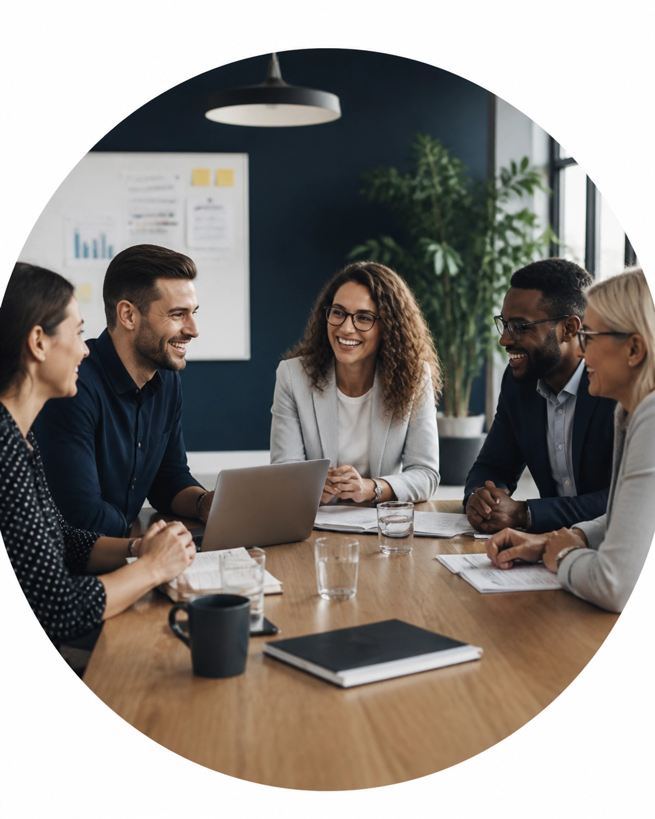 Diverse business partners collaborating and laughing at a conference table