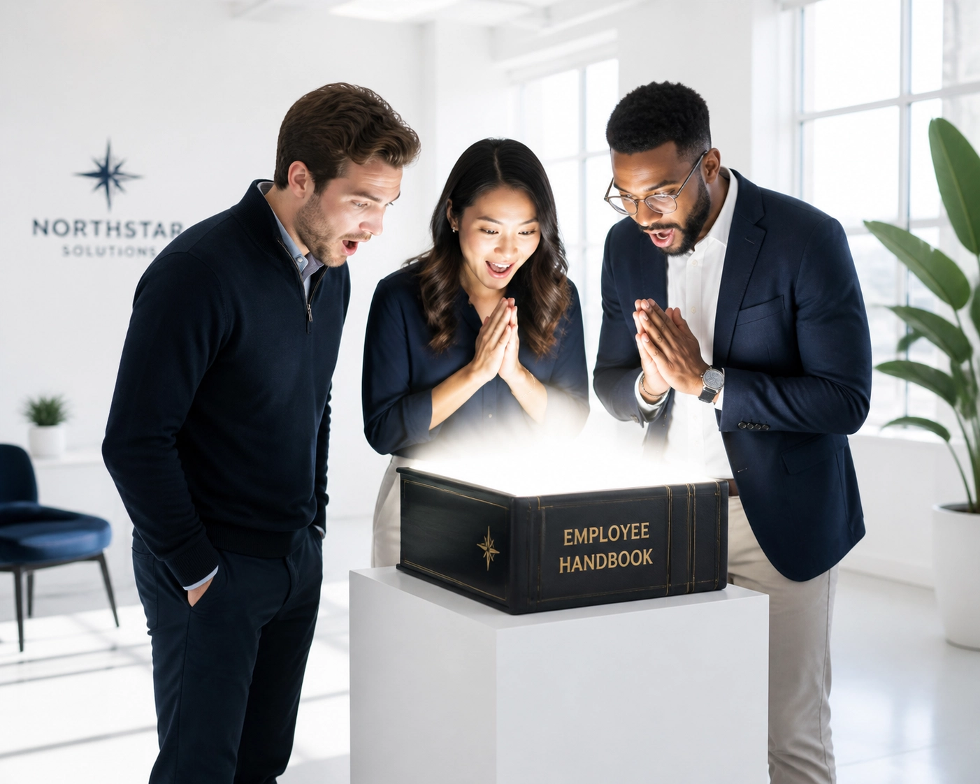 Employees viewing a glowing operations manual, a key step in how to franchise a business.