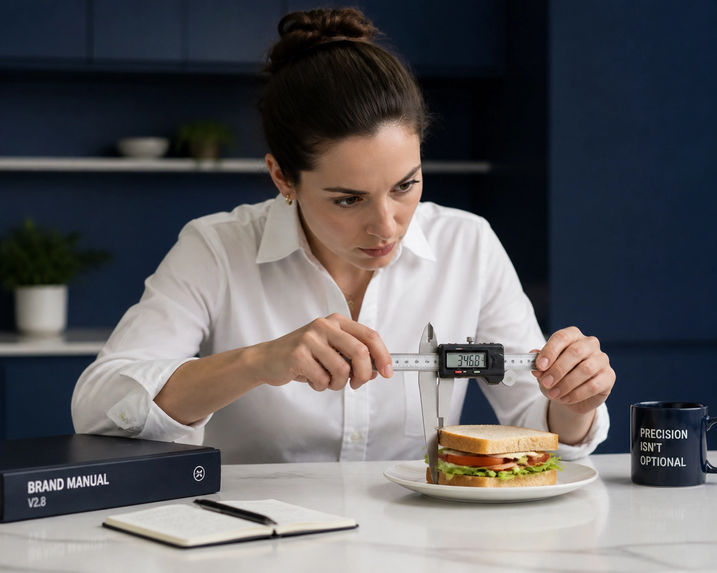 A professional using a caliper to measure food, showing precision in franchise development services.