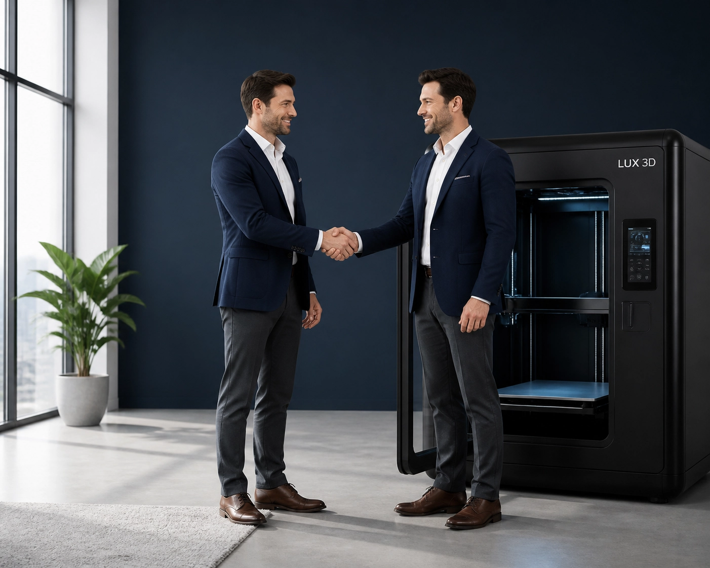 Founder shaking hands with a clone to demonstrate how to franchise a business through replication.