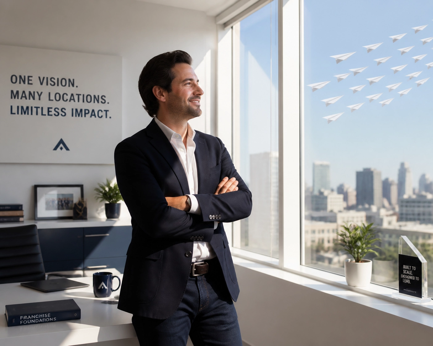 Business founder watching a fleet of paper airplanes symbolizing a successfully scaled franchise system.