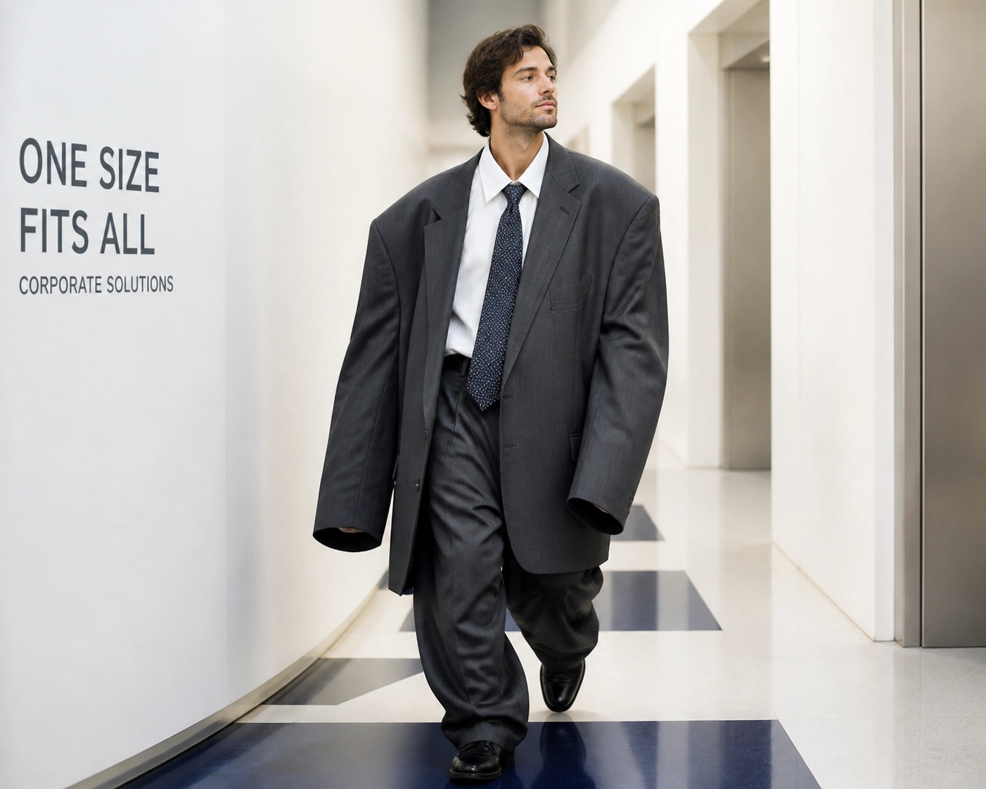 Businessman in an oversized suit, depicting why boilerplate documents fail when learning how to franchise a business.
