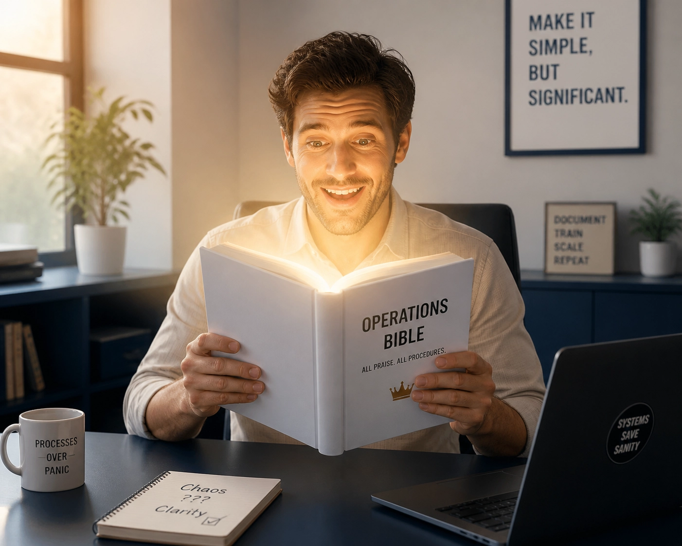 Employee holding a glowing operations manual, essential for learning how to franchise a business and scale.