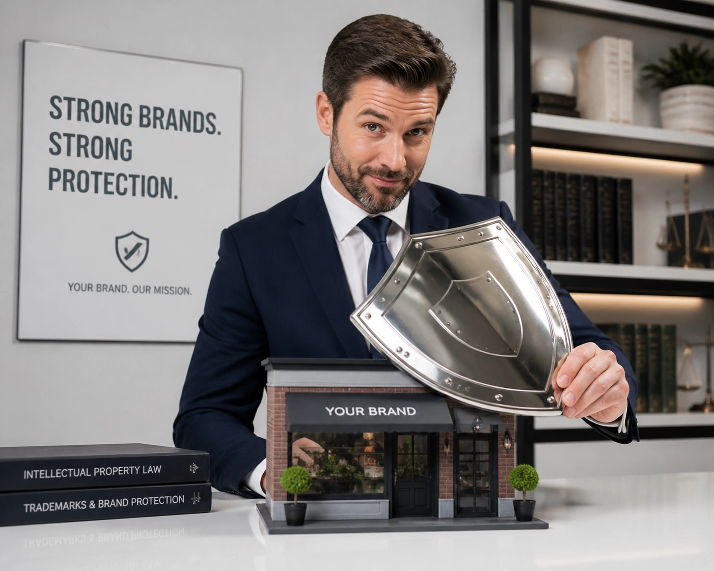 Lawyer shielding a miniature storefront to protect a brand when learning how to franchise a business.