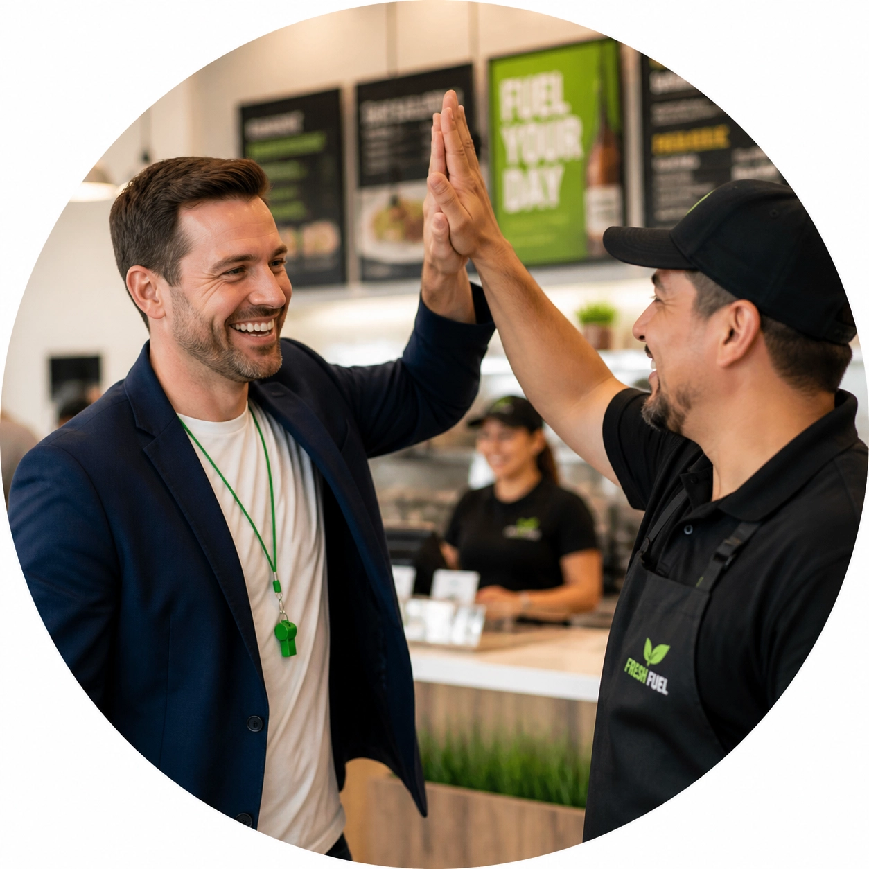 A business coach high-fiving a franchisee to demonstrate the benefits of expert franchise sales outsourcing support.