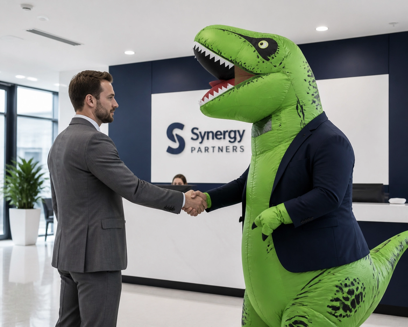 Handshake with a dinosaur representing a bad fit for a franchise sales organization.