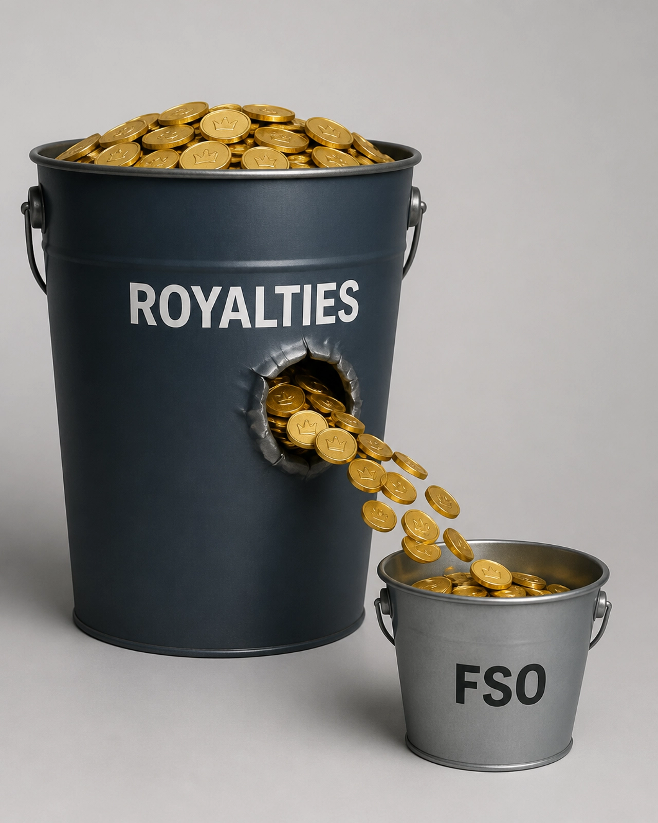 A business bucket with a hole in it, representing leaking royalties
