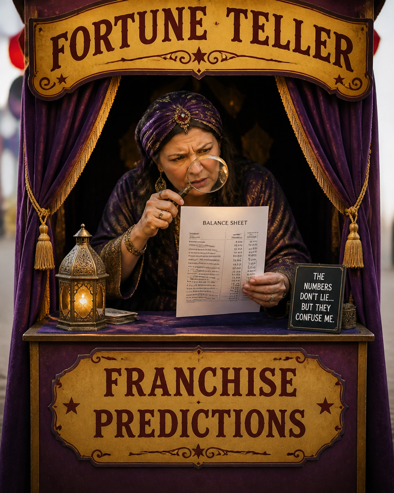 A confused fortune teller looking at a balance sheet with a magnifying glass.