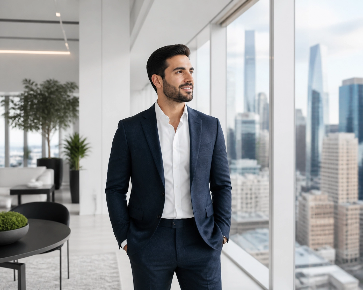 A successful entrepreneur looking out at a city, representing sustainable franchise brand expansion.