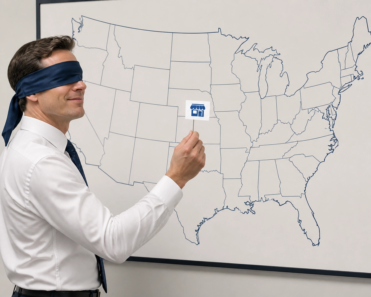 A man blindfolded pinning locations on a map to show the strategy of how to franchise a business nationwide.