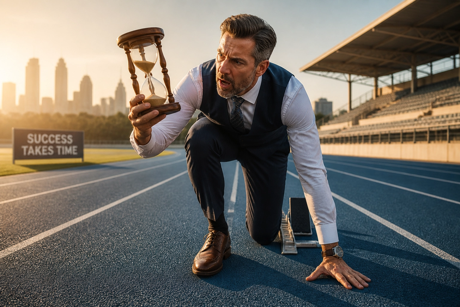 Executive with an hourglass on a track representing the long-term nature of franchise development services.