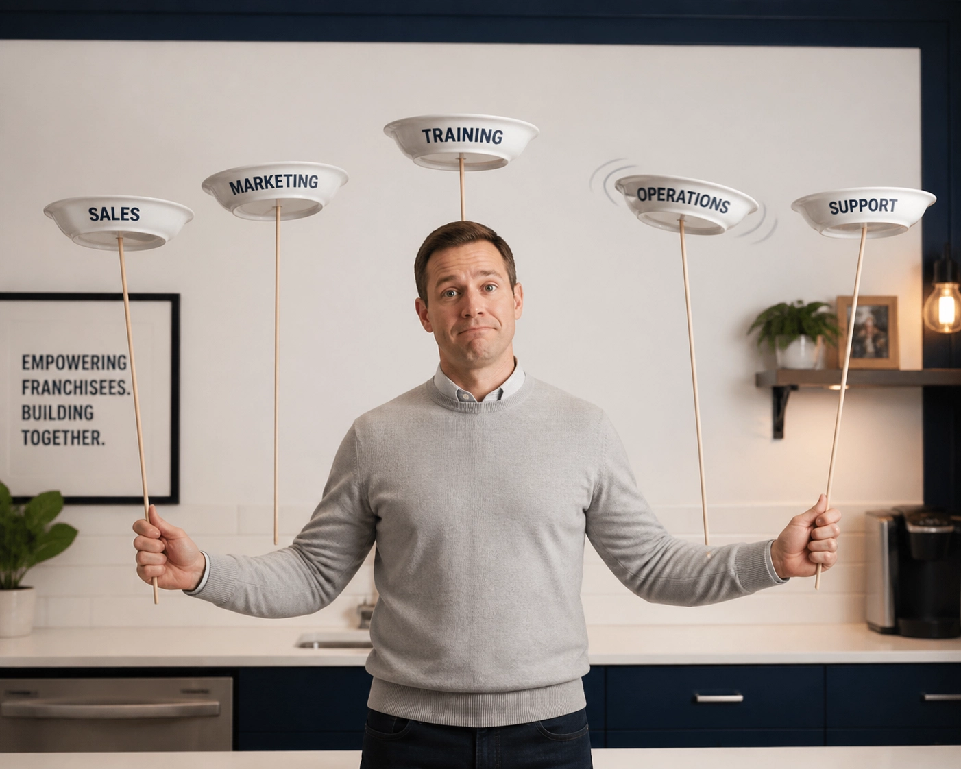 Founder balancing spinning plates, showing why scaling requires robust franchise development services and support.