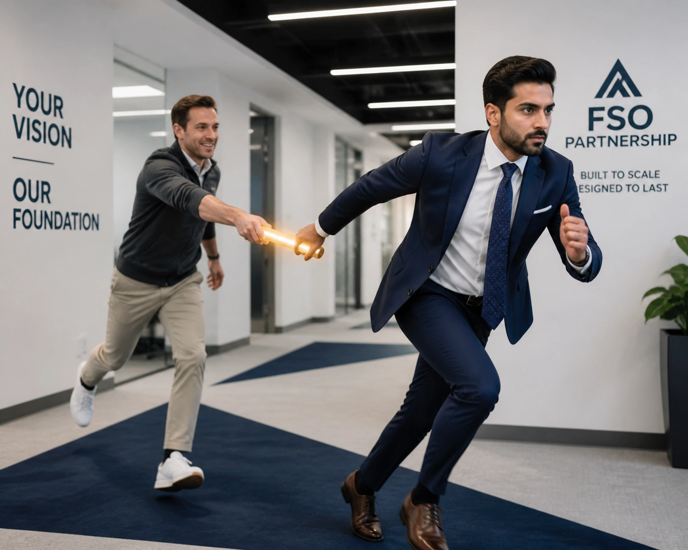 Founder handing a baton to a franchise sales organization to scale business growth and sales quickly.