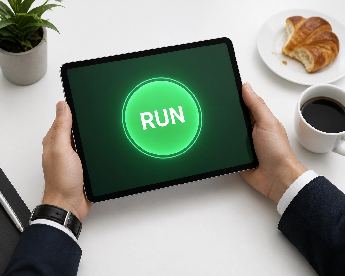 Professional using a digital tablet to manage operations via an outsourced franchise sales organization.