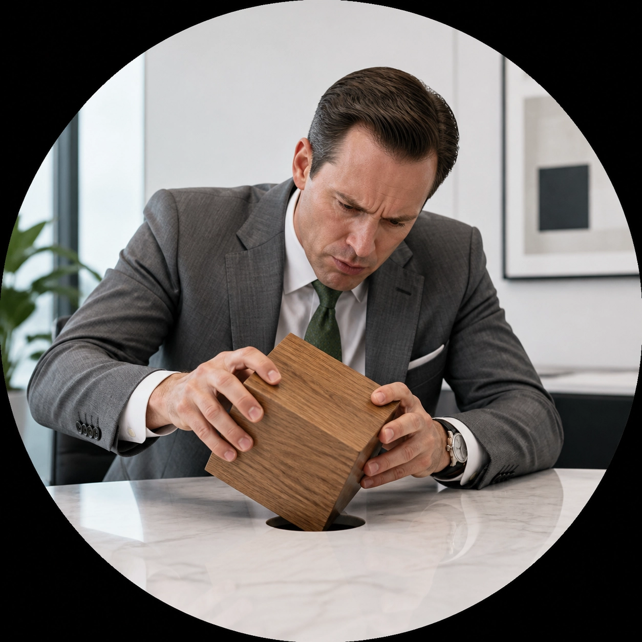 Executive fitting a square peg in a round hole to show common pitfalls in how to franchise a business.