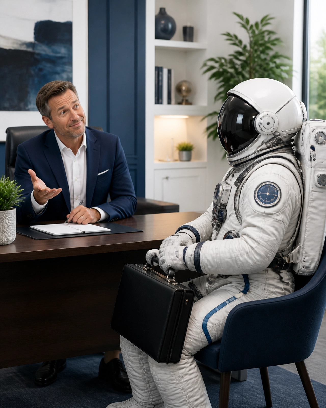 A Discovery Day where a candidate arrives in a space suit