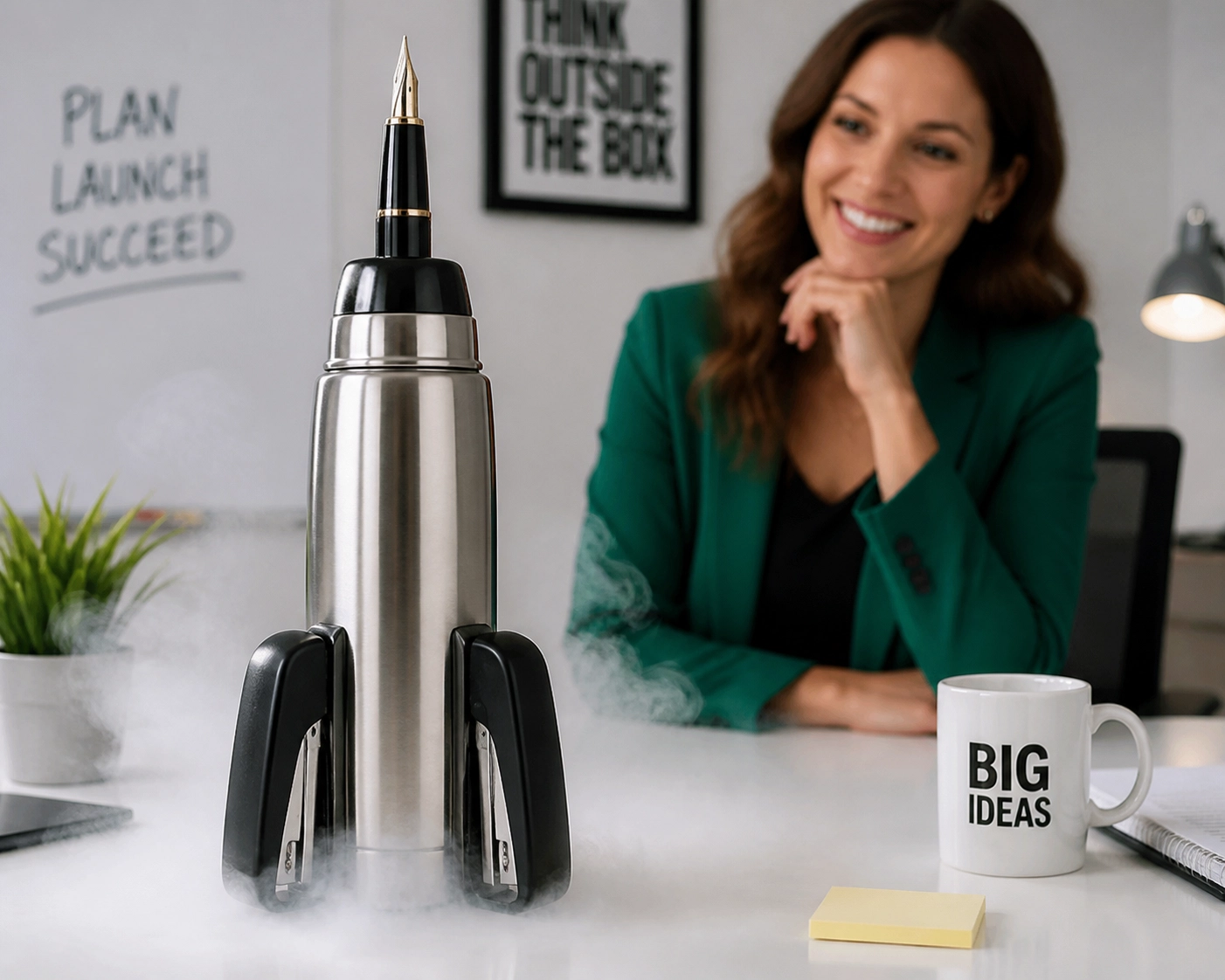 Office supply rocket ship representing business acceleration when learning how to franchise a business.