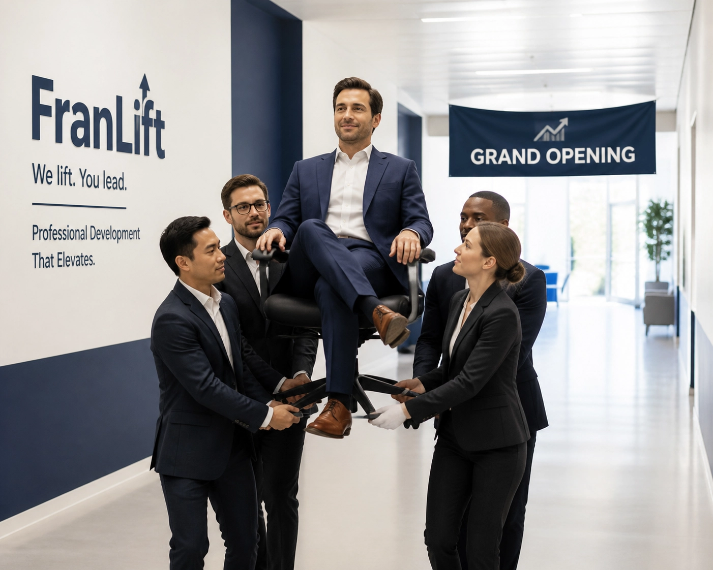 Team carrying a founder toward a grand opening representing a top franchise sales organization at work.