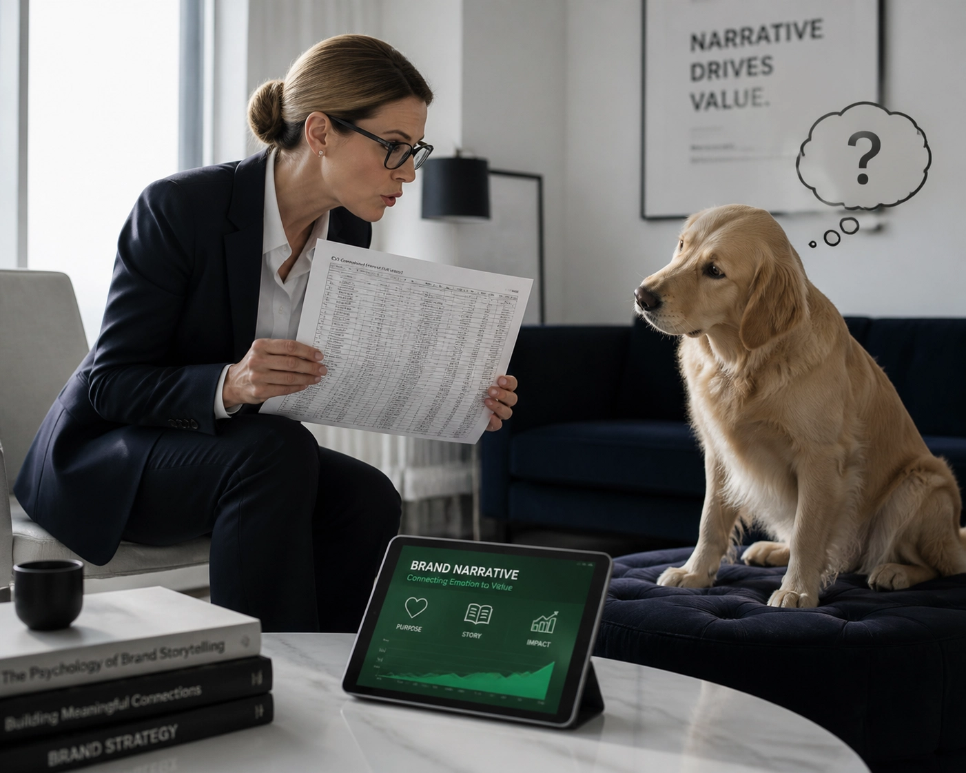 Executive reading data to a dog, showing the importance of brand storytelling in franchise development strategy.