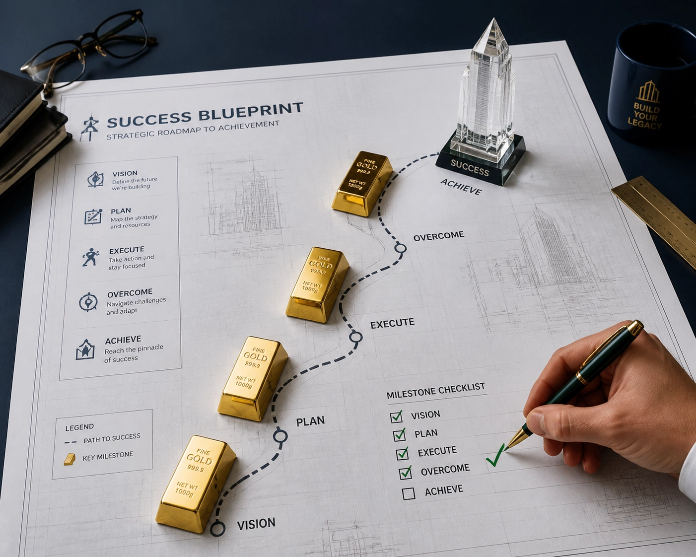 Business blueprint with gold stepping stones highlighting success through franchise development services.