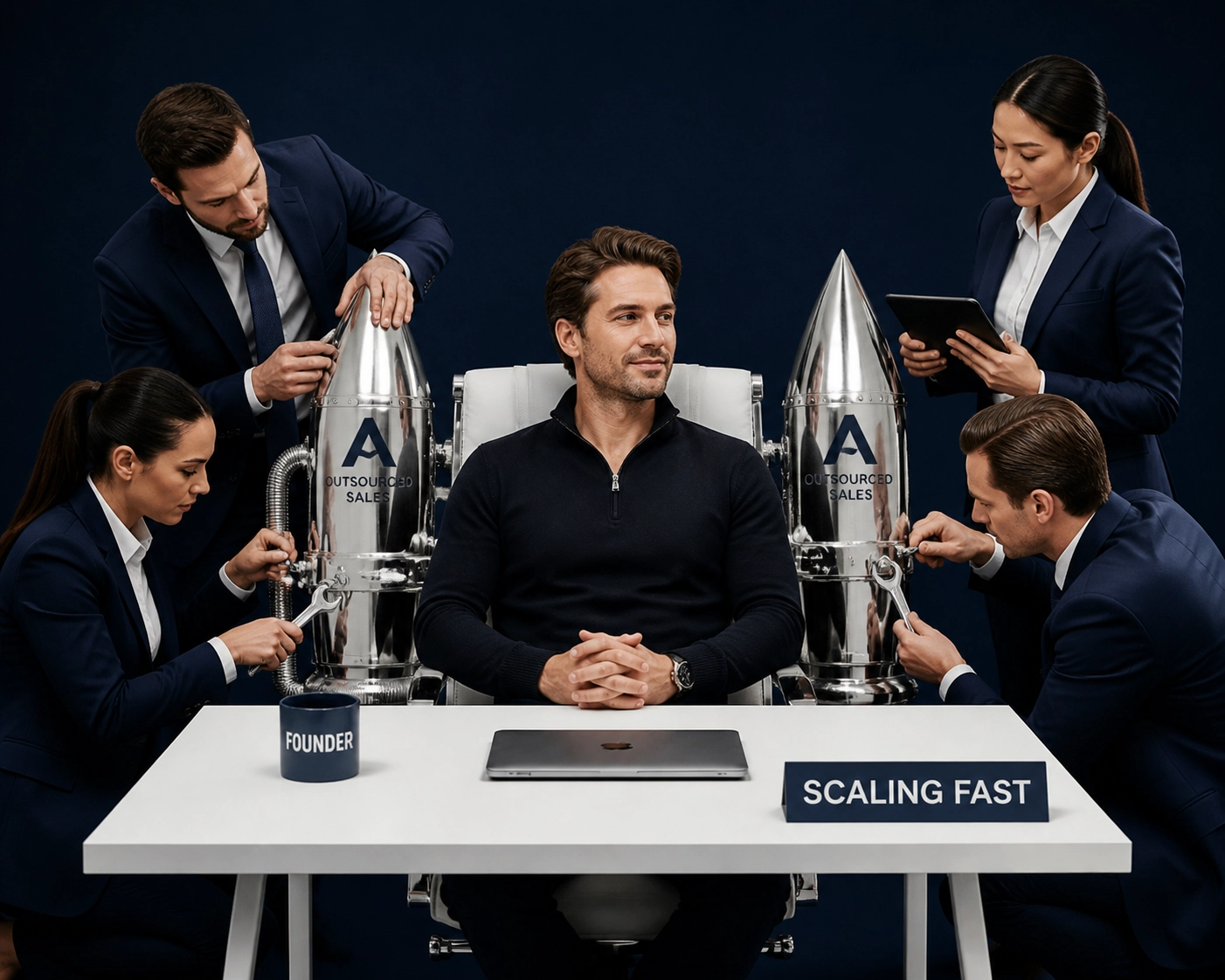 A business pit crew attaching rockets to a founder's chair to show a franchise sales organization scaling.
