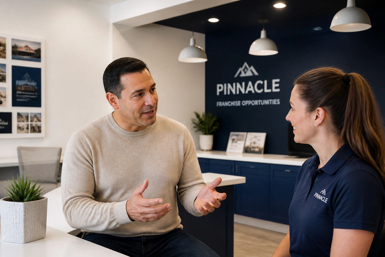 Mentor providing franchise development services and support to a new franchisee in a modern space.