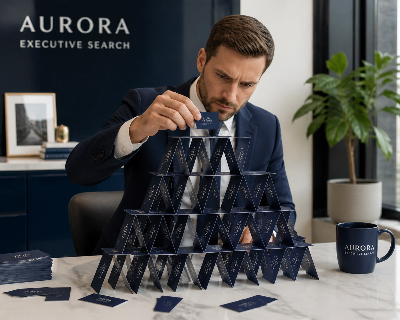 Recruiter building card house, showing high overhead costs compared to franchise sales outsourcing benefits.