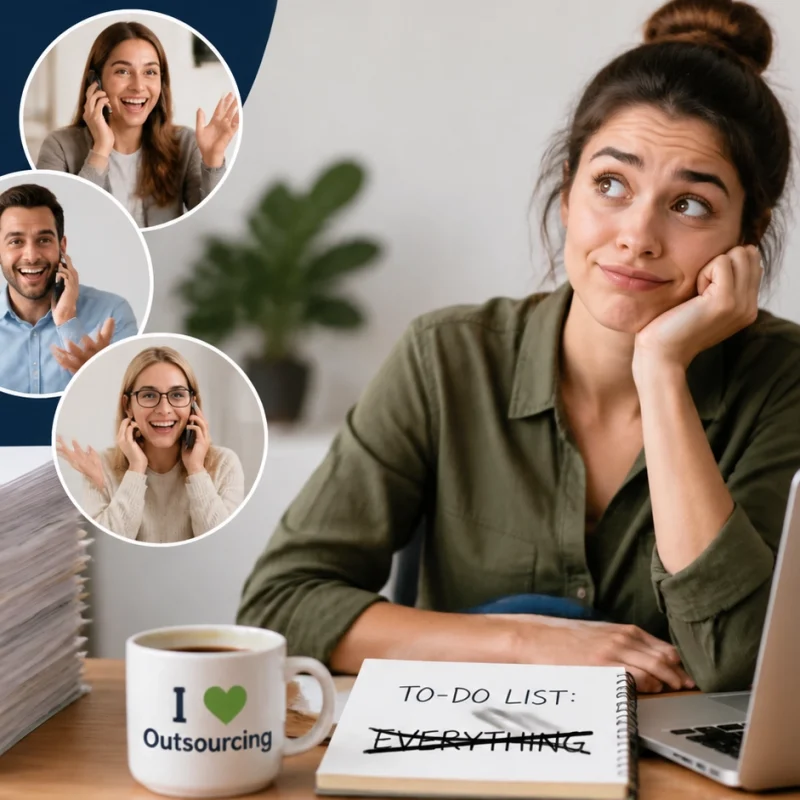 Woman at a desk with laptop and a to-do list; sticky notes label hiring steps like Job Posts and Interviews; thoughtful mood interplays with outsourcing theme.