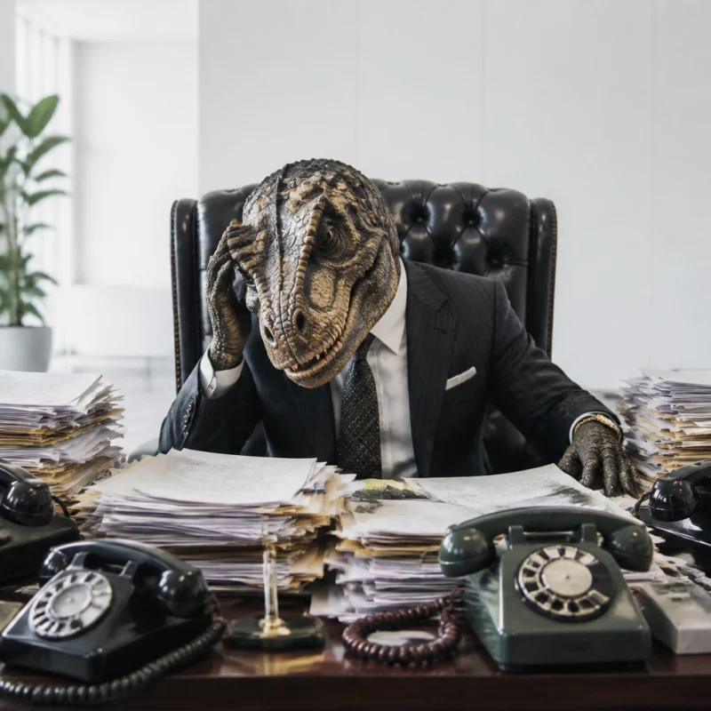 Dinosaur-headed person in a suit sits at a cluttered executive desk, surrounded by stacks of papers and vintage telephones.