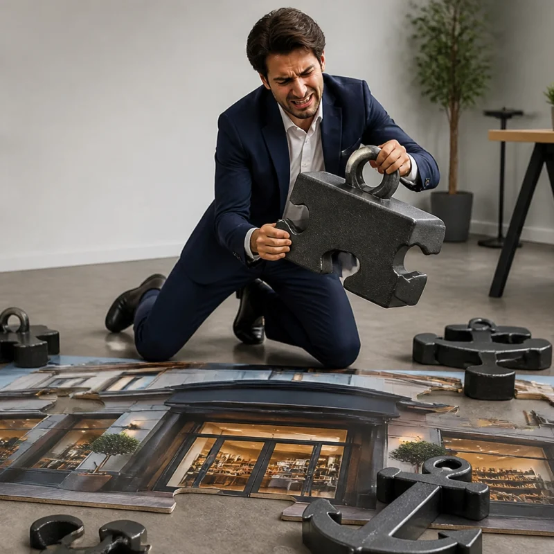 Man in a navy suit kneels on the office floor, fitting a large black foam puzzle piece around a storefront photo poster.