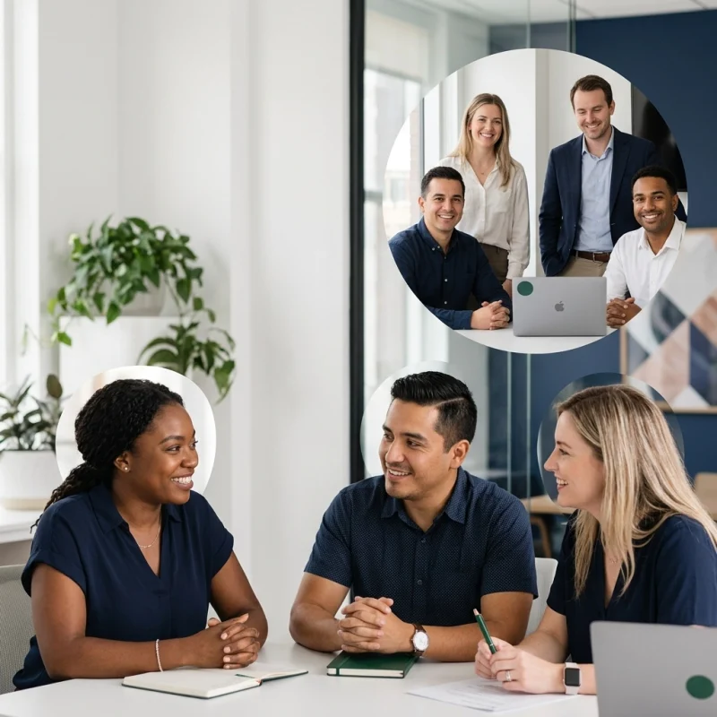 Three colleagues chat at a bright office table, with a circular inset showing another team gathered around a laptop.