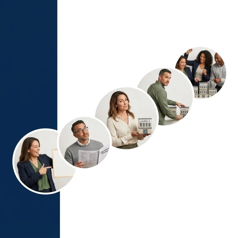 Circle collage of diverse professionals presenting a real estate model, forming a diagonal chain from left to right against a dark blue panel. It conveys teamwork in a business setting.