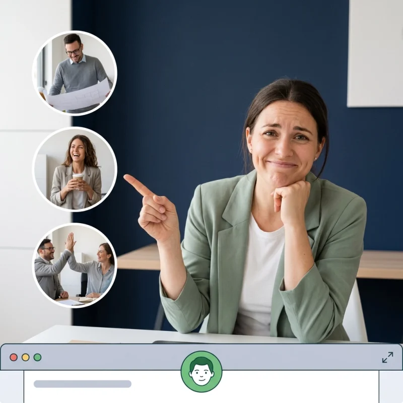 Businesswoman in a light green blazer participates in a video conference, with three circular insets showing team members on the left side.
