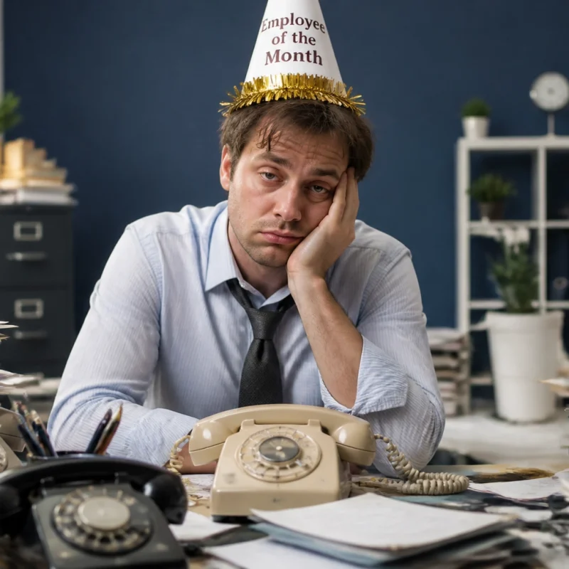 Exhausted office worker wearing an 'Employee of the Month' hat, surrounded by towering stacks of papers and old phones.