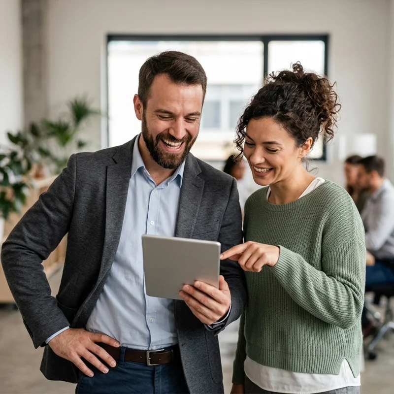 Two colleagues in an office look at a tablet, smiling and collaborating during a casual work moment.