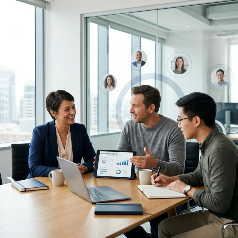 Team of three in a bright office discusses data shown on a tablet; one person gestures while another takes notes.