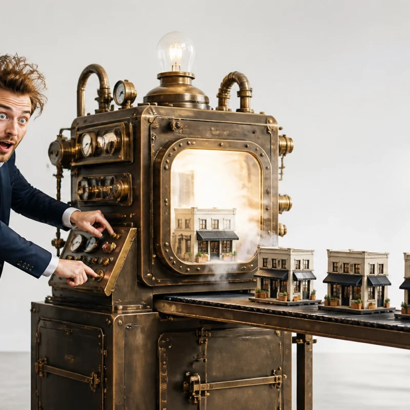 Man in a suit adjusts a large brass steampunk machine printing miniature storefronts on a conveyor belt.
