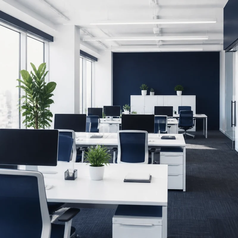 Open-plan office with white desks, blue chairs, and computers; large windows and green plants create a bright, modern workspace.