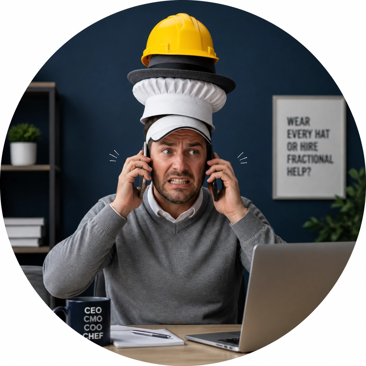 Business owner balancing multiple hats, illustrating the need for franchise sales outsourcing services.