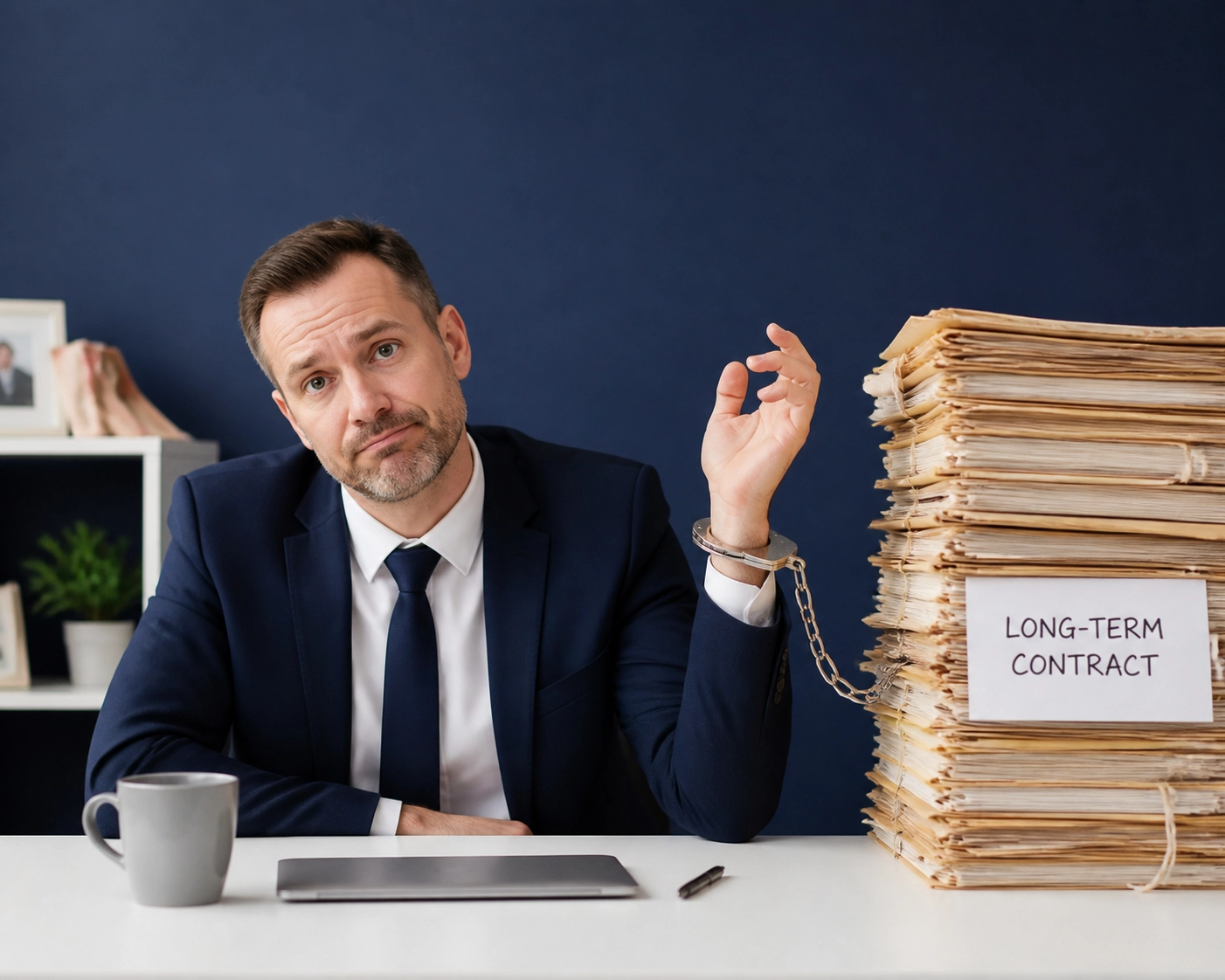 A businessman handcuffed to a stack of contracts, illustrating the trap of long-term franchise sales agreements.