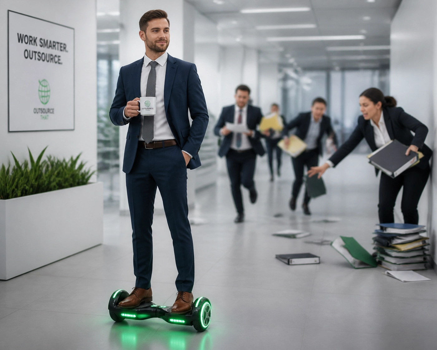 A businessman on a hoverboard illustrating the speed and efficiency of franchise sales outsourcing.