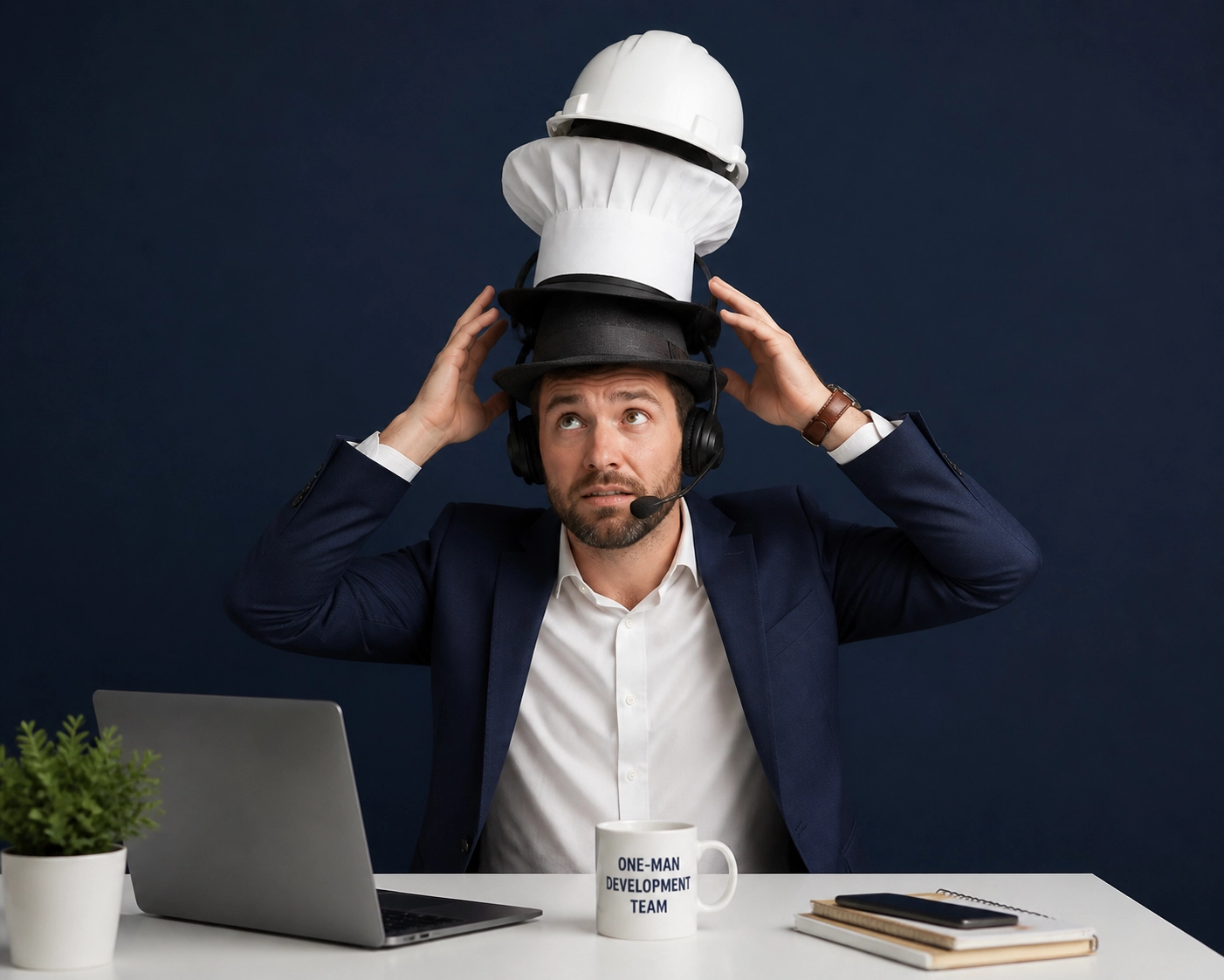 Overwhelmed owner balancing hats, showing why brands benefit from franchise sales outsourcing to scale.