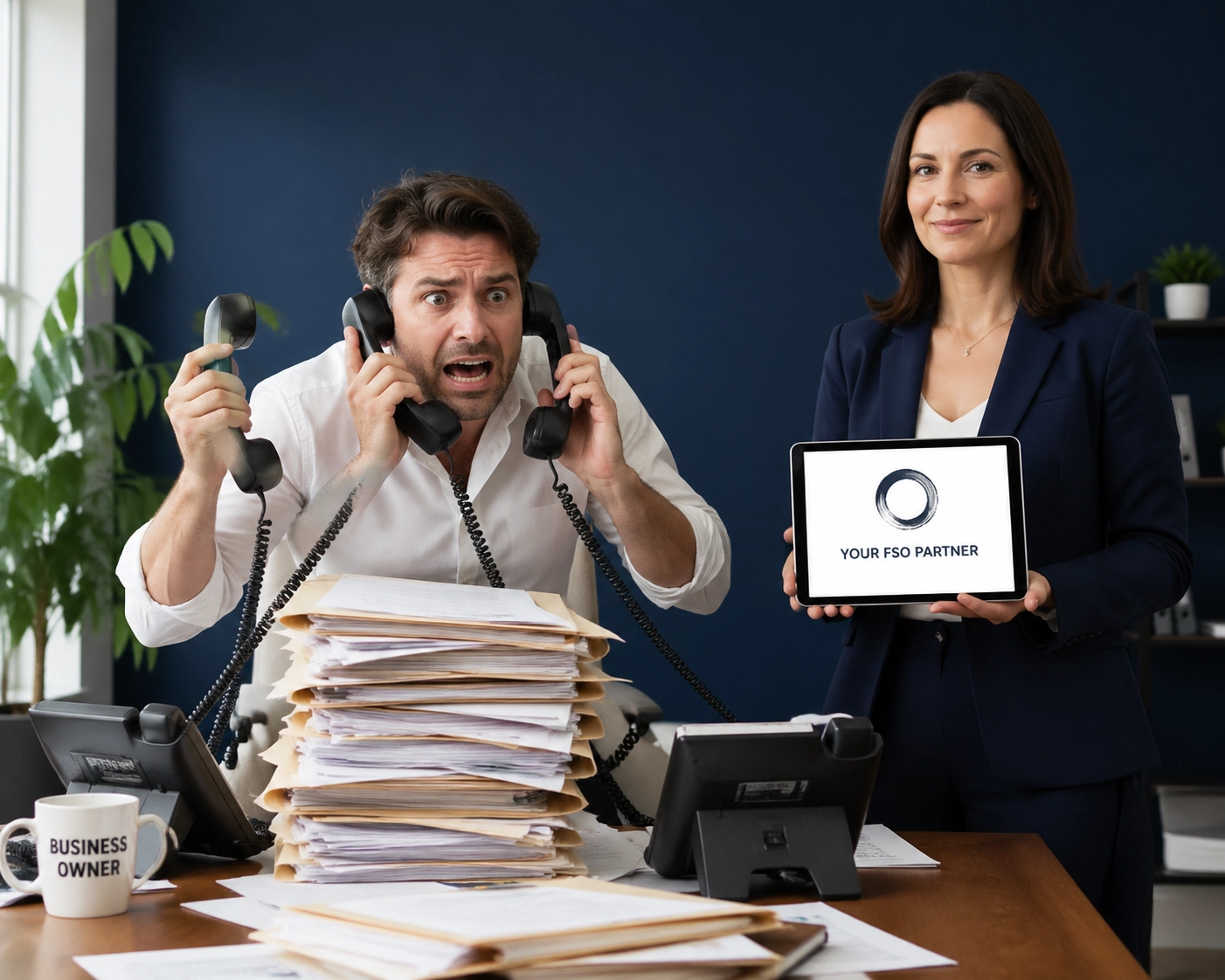 Overwhelmed founder getting help from a calm franchise sales organization partner in a bright office.