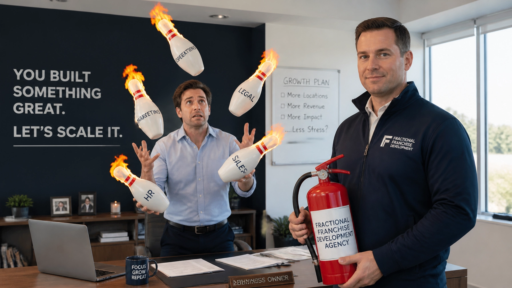 A humorous scene of a business owner juggling flaming pins labeled 'Operations' and 'Marketing' while a fractional development expert calmly walks by with a fire extinguisher.