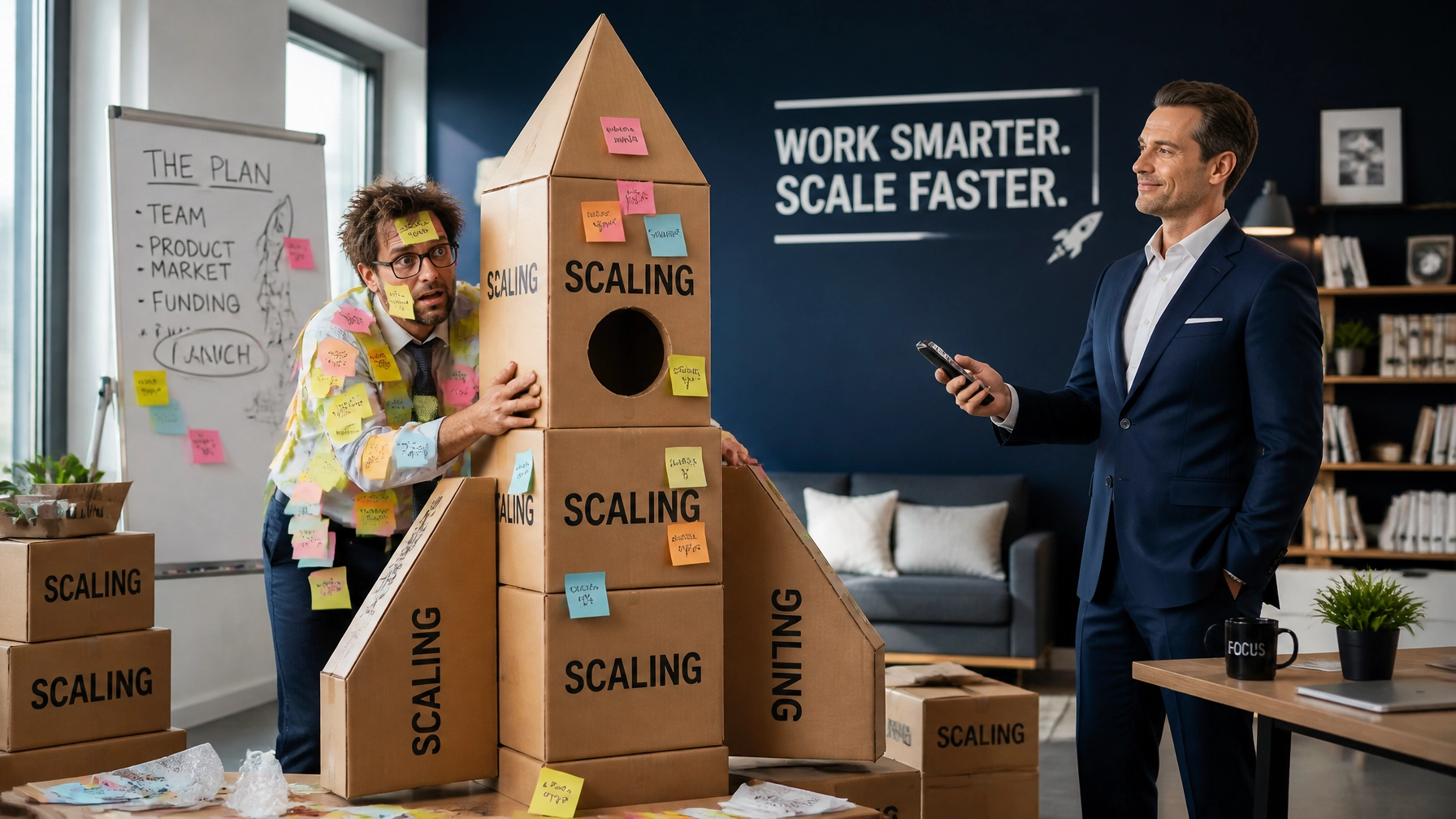 A business owner overwhelmed with cardboard boxes while a professional expert stands by calmly