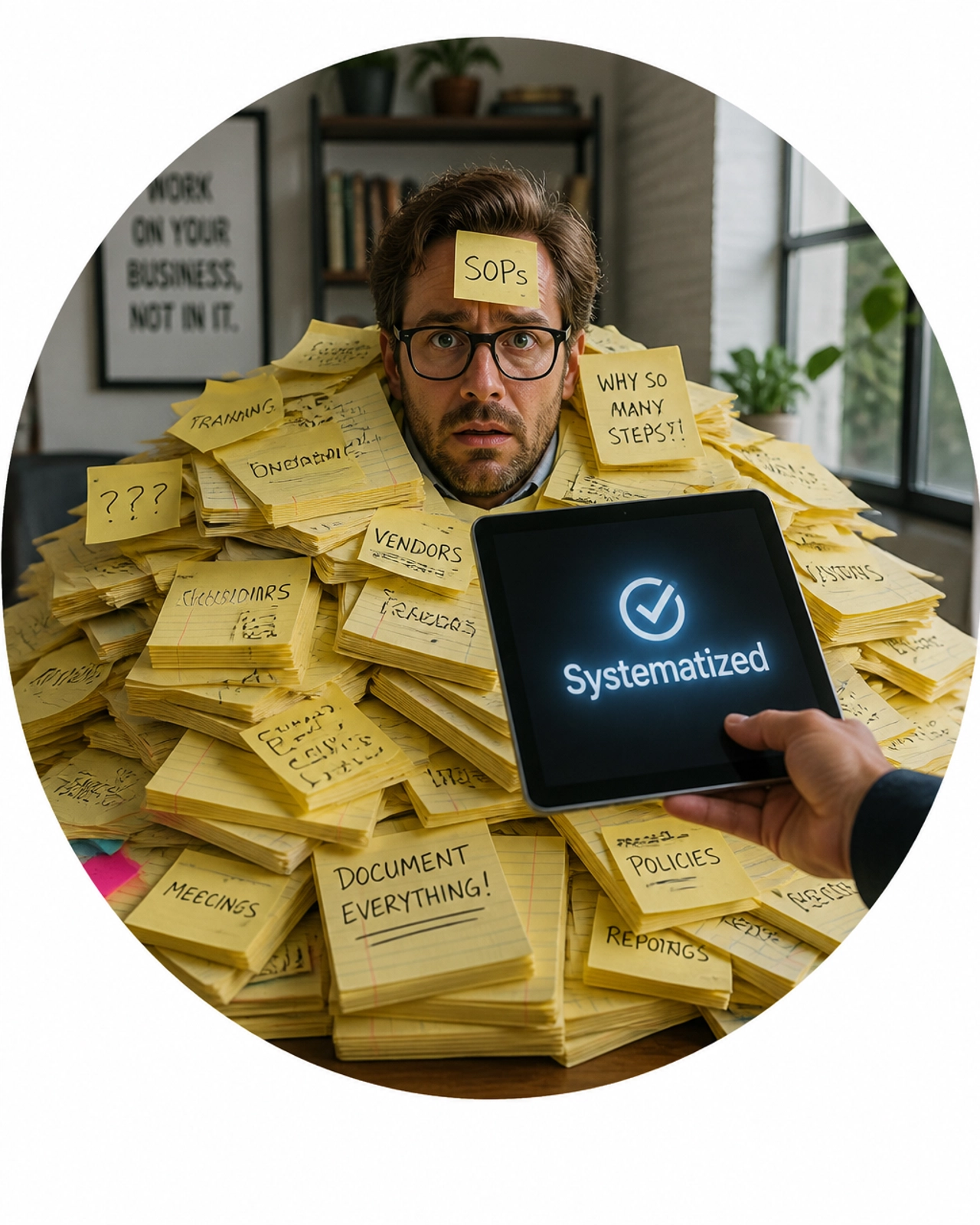 A witty photograph showing a stressed business owner literally buried under a mountain of sticky notes, symbolizing the overwhelming process of documenting operations.