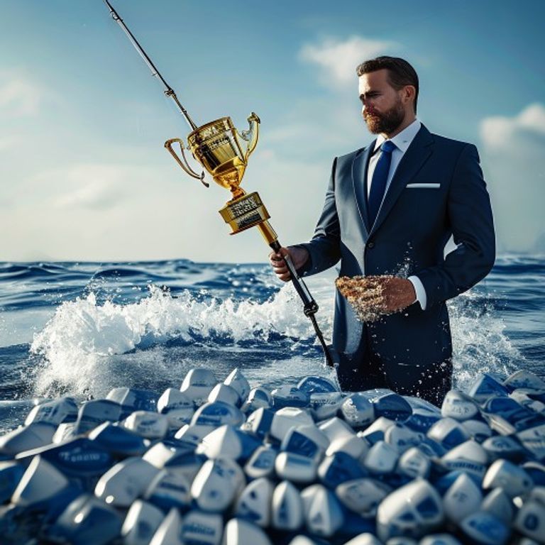 A witty image of a high-tech fishing rod with a golden 'Perfect Franchisee' trophy at the end of the line, being pulled out of a sea of generic leads. The fisherman is a polished professional in a suit. Professional photography style, navy blue and white accents.